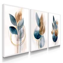 Quadro Decorativo Trio Flor Ink Azul Flores Abstrato Decoração Sala Grande Kit 70x50 com Moldura Quadro Decorativo Trio Flor Ink Azul Flores Abstrato Decoração Sala Grande Kit 70x50 com Moldura