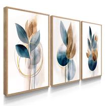Quadro Decorativo Trio Flor Ink Azul Flores Abstrato Decoração Sala Grande Kit 70x50 com Moldura