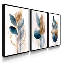 Quadro Decorativo Trio Flor Ink Azul Flores Abstrato Decoração Sala Grande Kit 70x50 com Moldura