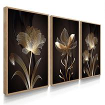 Quadro Decorativo Trio Flor Marrom Abstrato Escuro Luxo Sala 70x50 com Moldura Quadro Decorativo Trio Flor Marrom Abstrato Escuro Luxo Sala 70x50 com Moldura