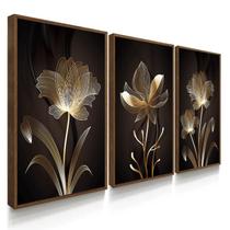 Quadro Decorativo Trio Flor Marrom Abstrato Escuro Luxo Sala 70x50 com Moldura Quadro Decorativo Trio Flor Marrom Abstrato Escuro Luxo Sala 70x50 com Moldura
