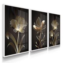 Quadro Decorativo Trio Flor Marrom Flores Abstrato Linda para Sala 55x40 com Vidro