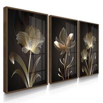 Quadro Decorativo Trio Flor Marrom Flores Abstrato Linda para Sala 55x40 com Vidro