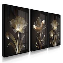 Quadro Decorativo Trio Flor Marrom Flores Abstrato Linda para Sala 55x40 com Vidro