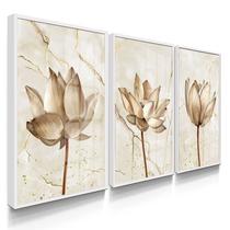 Quadro Decorativo Trio Flor Quartzo Moderno Kit Para Sala 55x40 com Moldura e Vidro