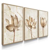 Quadro Decorativo Trio Flor Quartzo Moderno Kit Para Sala 55x40 com Moldura e Vidro Quadro Decorativo Trio Flor Quartzo Moderno Kit Para Sala 55x40 com Moldura e Vidro