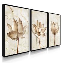 Quadro Decorativo Trio Flor Quartzo Moderno Kit Para Sala 55x40 com Moldura e Vidro Quadro Decorativo Trio Flor Quartzo Moderno Kit Para Sala 55x40 com Moldura e Vidro