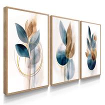 Quadro Decorativo Trio Flores Ink Azul Decoração Casa Sala Nova Moderna Lindo Kit com Vidro