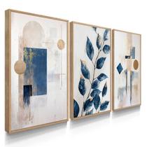 Quadro Decorativo Trio Folhagem Abstrato Azul Decoração para Sala 70x50 com Moldura Quadro Decorativo Trio Folhagem Abstrato Azul Decoração para Sala 70x50 com Moldura