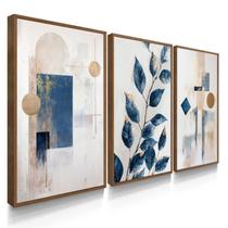 Quadro Decorativo Trio Folhagem Abstrato Azul Decoração para Sala 70x50 com Moldura
