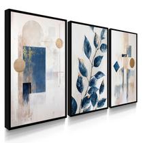 Quadro Decorativo Trio Folhagem Abstrato Azul Decoração para Sala 70x50 com Moldura Quadro Decorativo Trio Folhagem Abstrato Azul Decoração para Sala 70x50 com Moldura