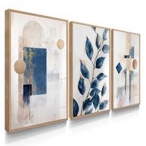 Quadro Decorativo Trio Folhagem Abstrato Azul Sala Escritório Elegante Flores com Vidro Quadro Decorativo Trio Folhagem Abstrato Azul Sala Escritório Elegante Flores com Vidro