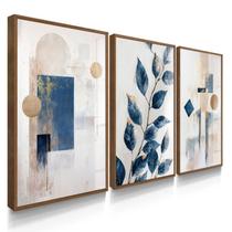 Quadro Decorativo Trio Folhagem Abstrato Azul Sala Escritório Elegante Flores com Vidro