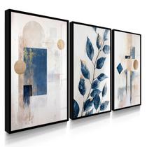 Quadro Decorativo Trio Folhagem Abstrato Azul Sala Escritório Elegante Flores com Vidro Quadro Decorativo Trio Folhagem Abstrato Azul Sala Escritório Elegante Flores com Vidro