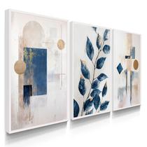 Quadro Decorativo Trio Folhagem Abstrato Azul Sala Flores Casa Moderna com Moldura Quadro Decorativo Trio Folhagem Abstrato Azul Sala Flores Casa Moderna com Moldura