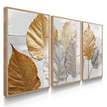 Quadro Decorativo Trio Folhas Lindas Outono Golden Flores Sala Luxo com Vidro Quadro Decorativo Trio Folhas Lindas Outono Golden Flores Sala Luxo com Vidro