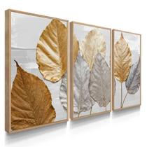 Quadro Decorativo Trio Folhas Outono Casa Sala Quarto Flores 70x50 com Moldura