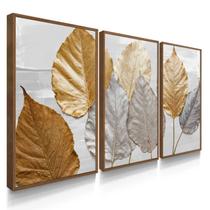 Quadro Decorativo Trio Folhas Outono Casa Sala Quarto Flores 70x50 com Moldura