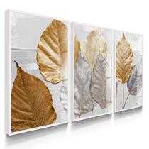 Quadro Decorativo Trio Folhas Outono Golden Flores Sala Kit 70x50 com Vidro