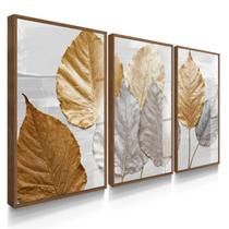 Quadro Decorativo Trio Folhas Outono Golden Flores Sala Kit 70x50 com Vidro