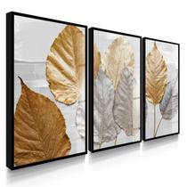 Quadro Decorativo Trio Folhas Outono Golden Flores Sala Kit 70x50 com Vidro