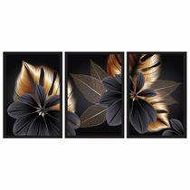 Quadro Decorativo Trio Folhas Preto e Gold 60x40 Sala Quarto