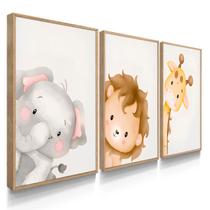 Quadro Decorativo Trio Infantil Elefante Leão Decoração Quarto Bebê 70x50 com Moldura