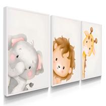 Quadro Decorativo Trio Infantil Elefante Leão Quarto Bebê Filho Brinquedoteca com Moldura