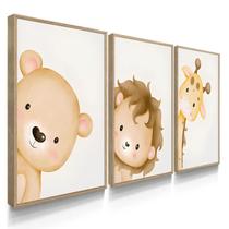 Quadro Decorativo Trio Infantil Ursinho Leão Girafa Quarto Bebe 70x50 com Moldura