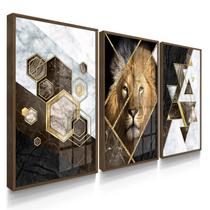 Quadro Decorativo Trio Leão Geométrico Marrom Abstrato Sala 55x40 com Vidro Quadro Decorativo Trio Leão Geométrico Marrom Abstrato Sala 55x40 com Vidro