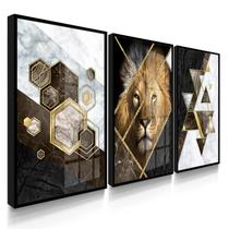 Quadro Decorativo Trio Leão Geométrico Marrom Abstrato Sala 55x40 com Vidro Quadro Decorativo Trio Leão Geométrico Marrom Abstrato Sala 55x40 com Vidro