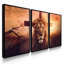 Quadro Decorativo Trio Leão Nunca foi Sorte Cruz Deus Fé Força Sala Quarto 70x50 com Moldura Quadro Decorativo Trio Leão Nunca foi Sorte Cruz Deus Fé Força Sala Quarto 70x50 com Moldura