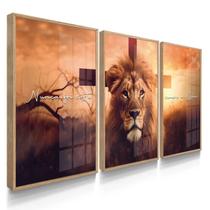 Quadro Decorativo Trio Leão Nunca foi Sorte Cruz Deus Sala Quarto 70x50 com Vidro