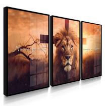 Quadro Decorativo Trio Leão Nunca foi Sorte Cruz Deus Sala Quarto 70x50 com Vidro