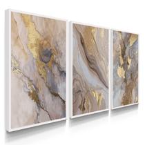 Quadro Decorativo Trio Mármore Golden Arte Moderna Abstrato Marrom Sala com Moldura
