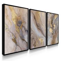 Quadro Decorativo Trio Mármore Golden Sala Escritório Grande 70x50 com Moldura