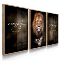 Quadro Decorativo Trio Sorte Deus Leão Judá Decoração Escritório Sala 70x50 com Vidro