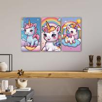 Quadro Decorativo Unicórnio Arco-Íris Tons Pasteis Cartoon