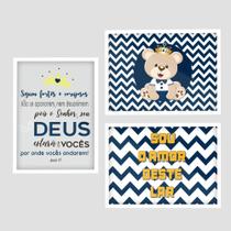 Quadro Decorativo Ursinho Infantil Moldura e Vidro Quarto de Menino Frase Bíblica