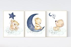 Quadro Decorativo Ursinhos Nuvem Azul Infantil Urso Quarto Bebê Menino Kit 3 peças - Car Premium & ARTES