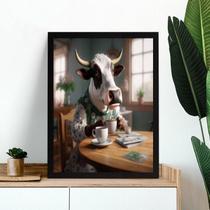 Quadro Decorativo Vaca Tomando Café 33X24Cm - Com Vidro