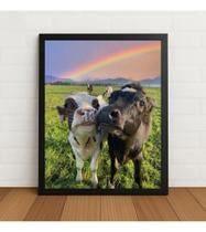 Quadro Decorativo Vacas E Arco Iris Com Moldura E Vidro Preto