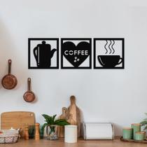Quadro Decorativo Vazado - Cozinha Coffee - 03 Peças - 94 x 30cm - Mdf 3mm - Preto - Marbely