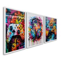 Quadro Decorativo Vídeo Game Modelo Gamer com 3 Telas 50x75 e 60x90 de Parede para Sala Quarto Escritório