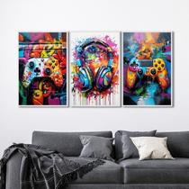 Quadro Decorativo Vídeo Game Modelo Gamer com 3 Telas de Parede para Sala Quarto Escritório 60cm X 9 Com Vidro