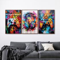 Quadro Decorativo Vídeo Game Modelo Gamer com 3 Telas de Parede para Sala Quarto Escritório 60cm X 9 Com Vidro