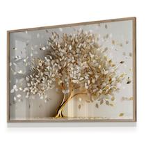 Quadro Decorativo Vidro 93x63 Árvore da Vida Dourada Branca MOLDURA CARVALHO