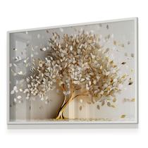Quadro Decorativo Vidro 93x63 Árvore da Vida Folhas Dourada Branca