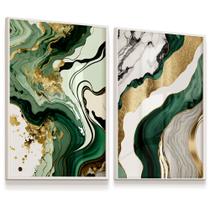 Quadro Decorativo Vidro Abstrato Mármore Verde Dourado43x63 Cada