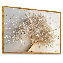 Quadro Decorativo vidro Árvore Da Vida Natureza Tons Branco Dourado 93x63cm MOLDURA DOURADA